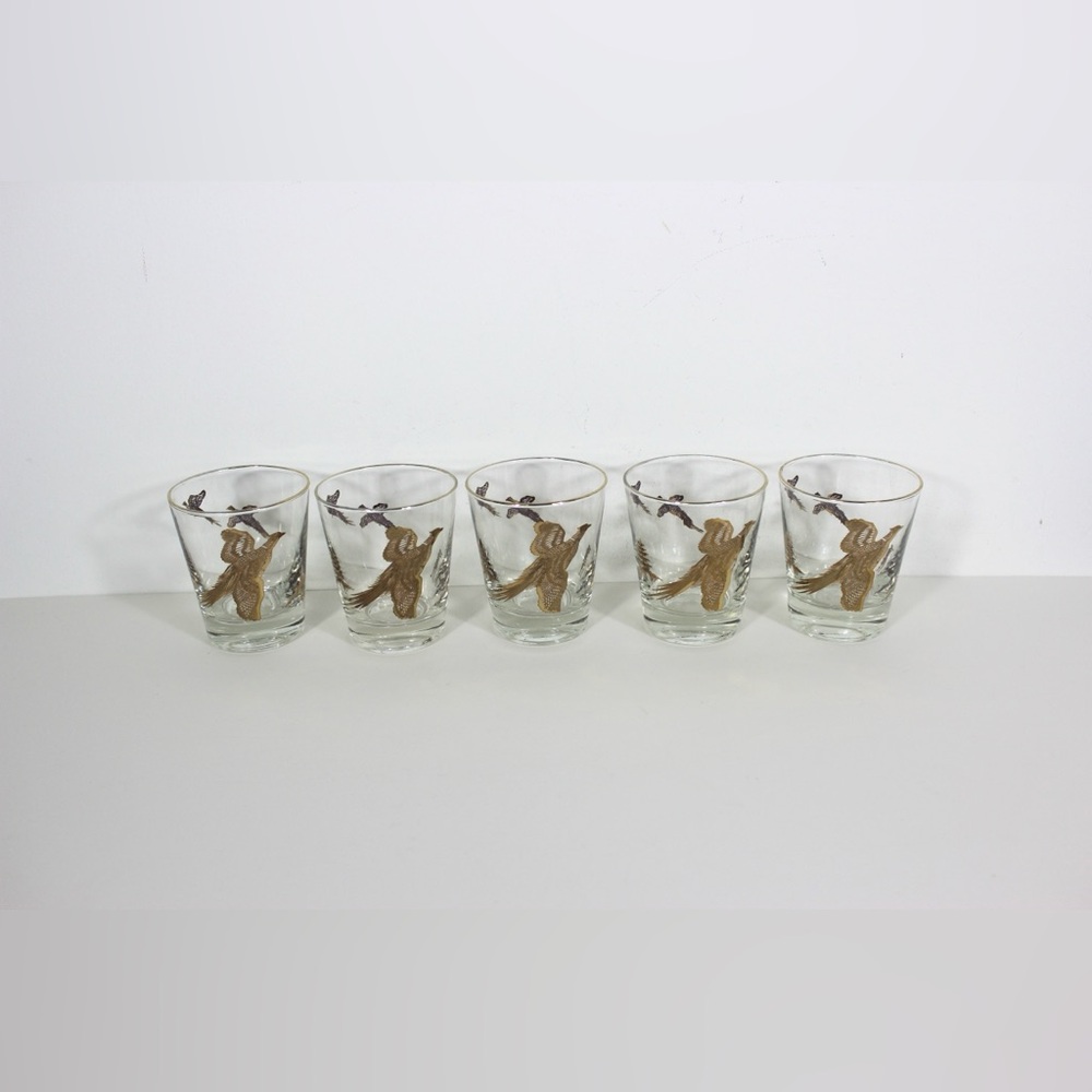 Mid Century Modern Gold Pheasant Set of 5 Glasses, Lowball Whiskey Rocks Bird